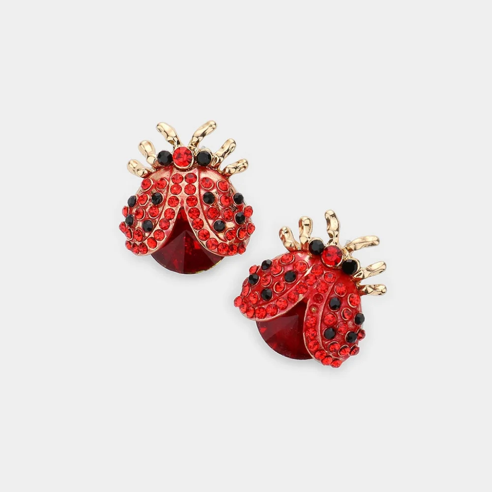 Red Ladybug Rhinestone Crystal Bug Stud Earrings Black Gold Statement Jewelry